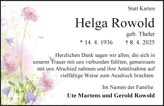 Traueranzeige von Helga Rowold von Nordwest-Zeitung