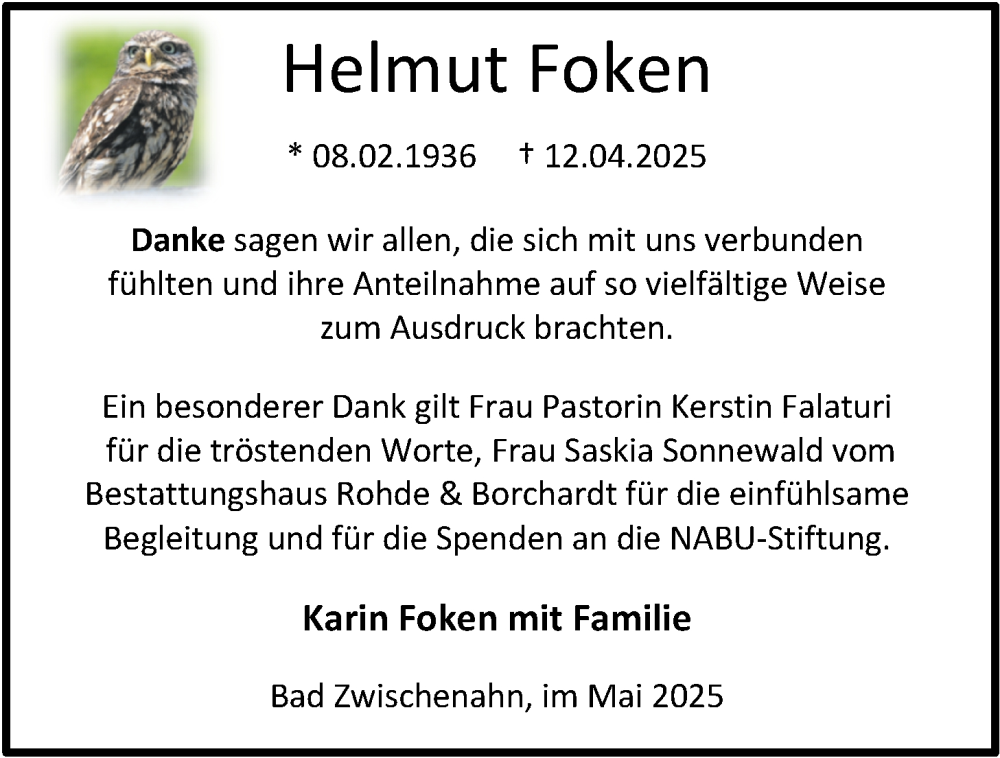  Traueranzeige für Helmut Foken vom 17.05.2025 aus Nordwest-Zeitung