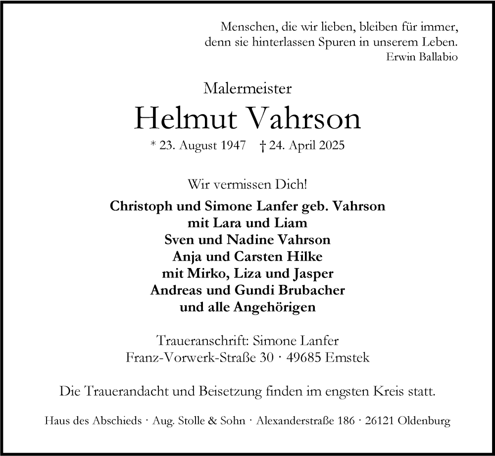  Traueranzeige für Helmut Vahrson vom 03.05.2025 aus Nordwest-Zeitung