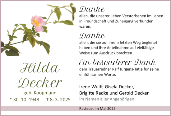 Traueranzeige von Hilda Decker von Nordwest-Zeitung