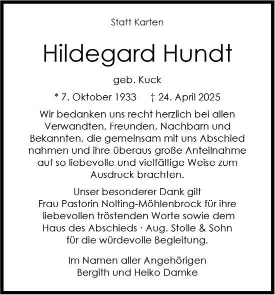 Traueranzeige von Hildegard Hundt von Nordwest-Zeitung