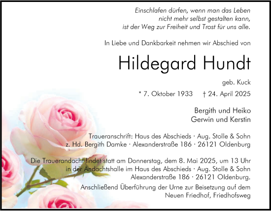 Traueranzeige von Hildegard Hundt von Nordwest-Zeitung