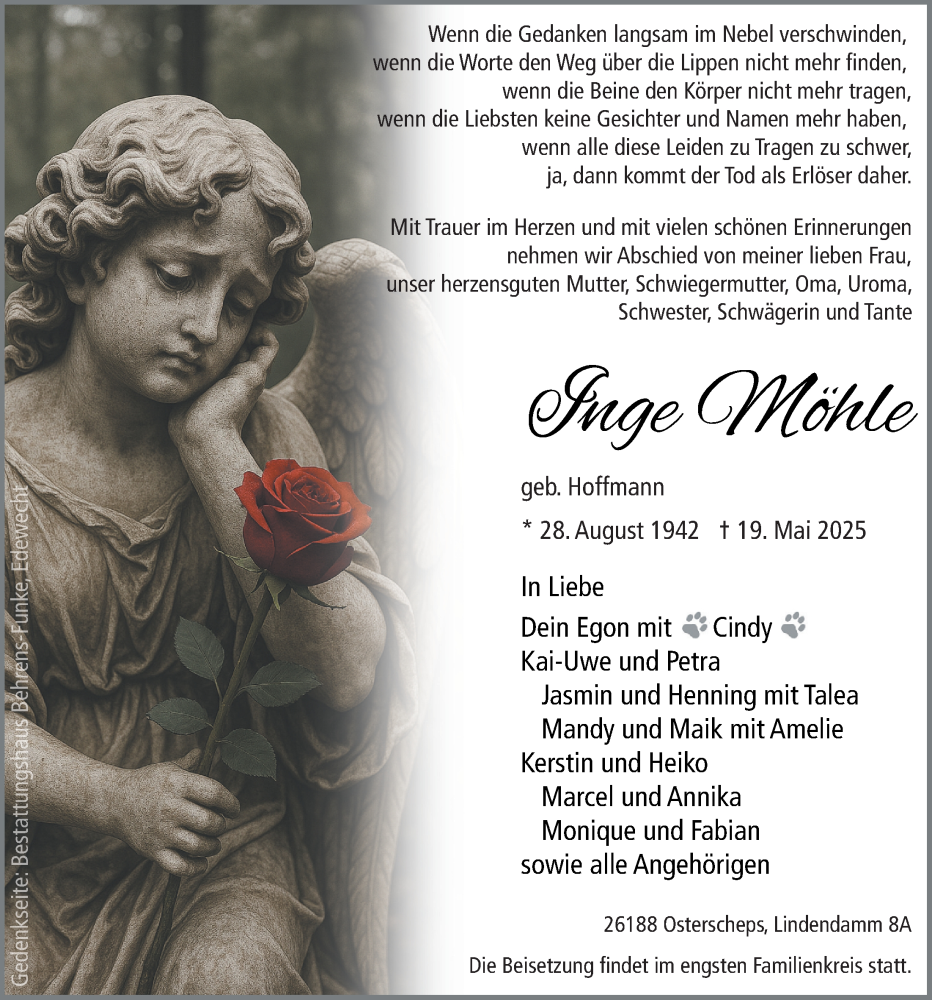  Traueranzeige für Inge Möhle vom 24.05.2025 aus Nordwest-Zeitung