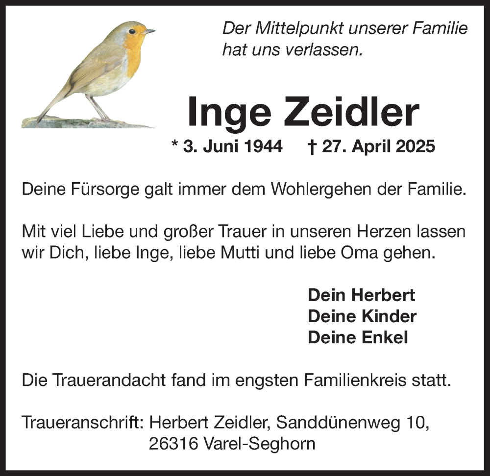  Traueranzeige für Inge Zeidler vom 23.05.2025 aus Nordwest-Zeitung