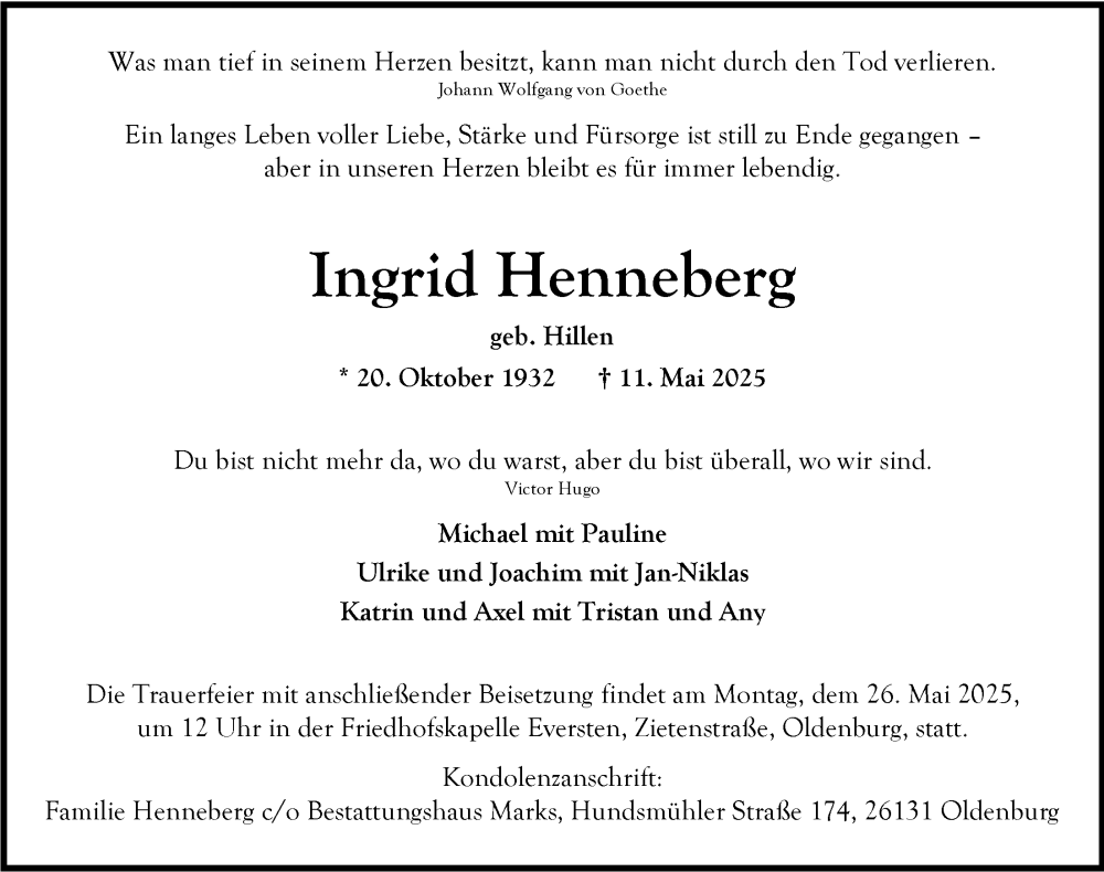  Traueranzeige für Ingrid Henneberg vom 17.05.2025 aus Nordwest-Zeitung