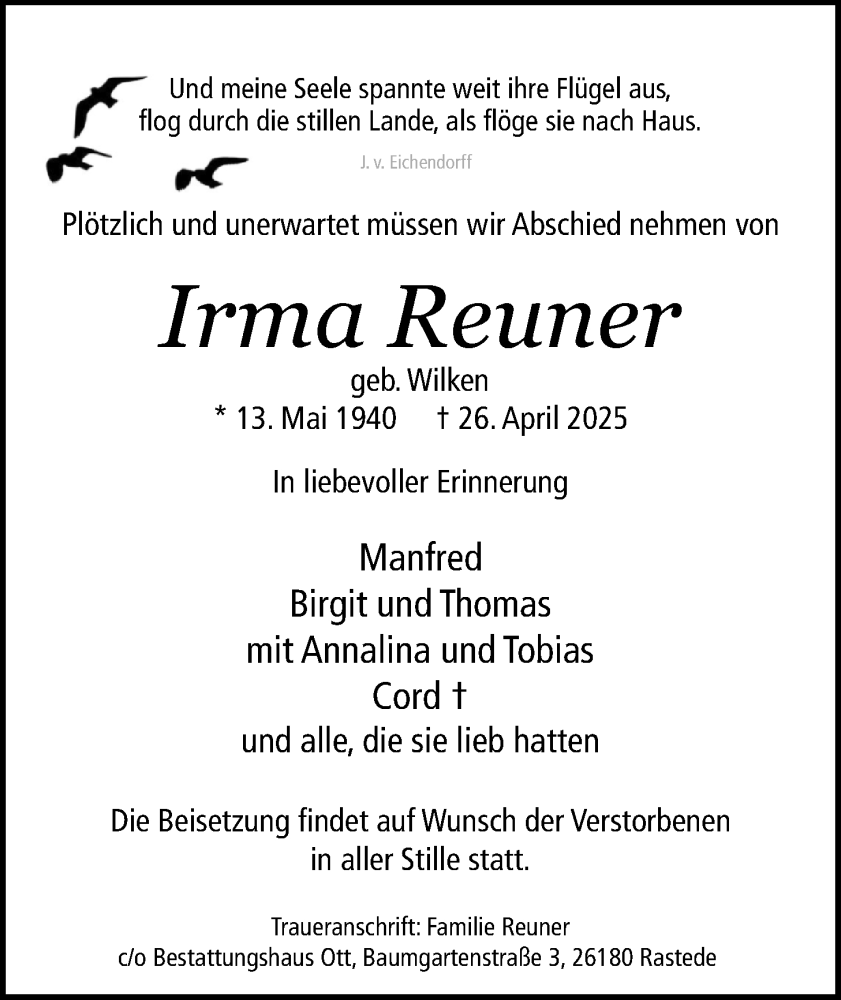  Traueranzeige für Irma Reuner vom 03.05.2025 aus Nordwest-Zeitung