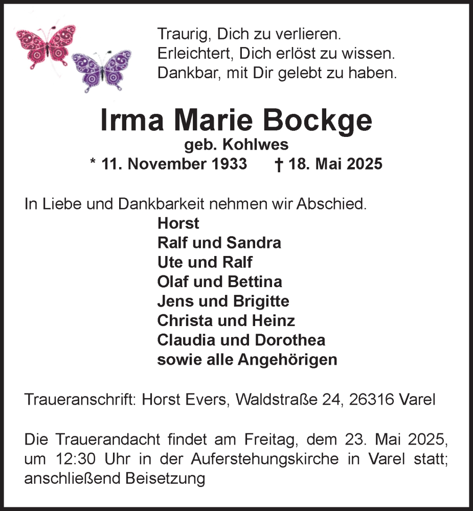  Traueranzeige für Irma Marie Bockge vom 20.05.2025 aus Nordwest-Zeitung