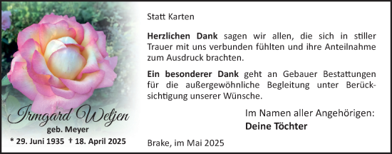 Traueranzeige von Irmgard Wetjen von Nordwest-Zeitung