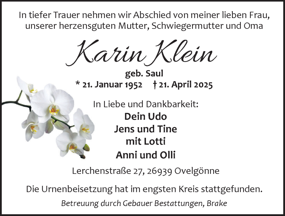  Traueranzeige für Karin Klein vom 17.05.2025 aus Nordwest-Zeitung