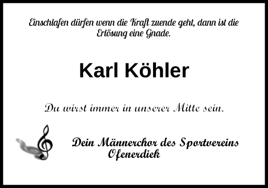 Traueranzeige von Karl Köhler von Nordwest-Zeitung