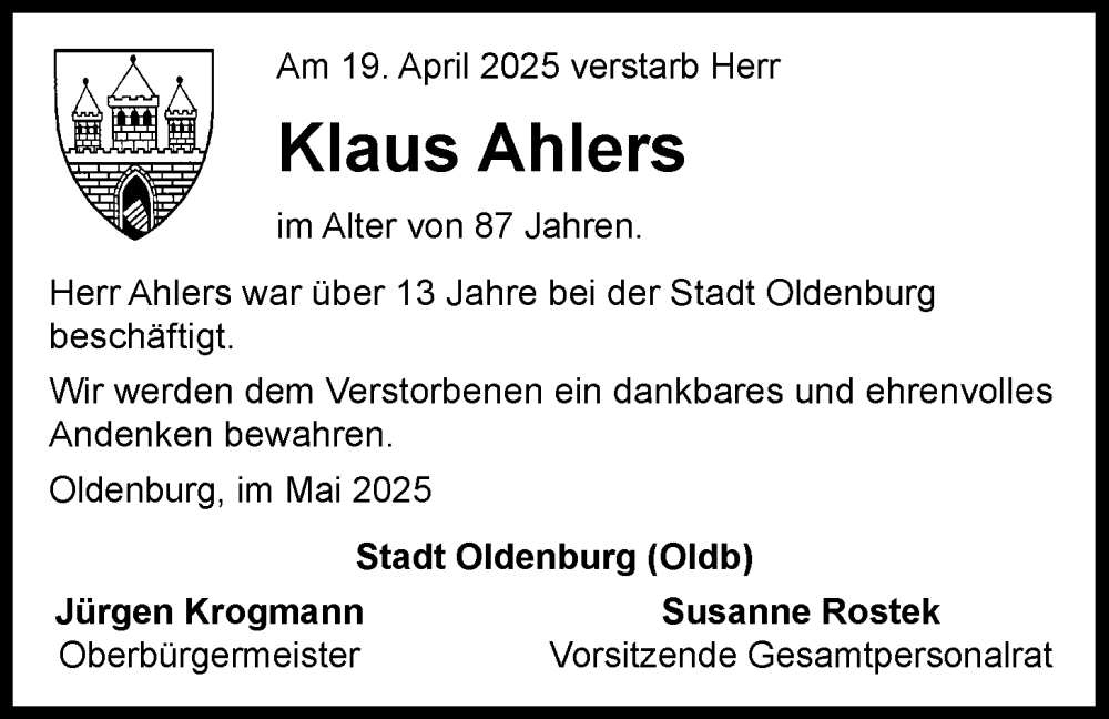  Traueranzeige für Klaus Ahlers vom 21.05.2025 aus Nordwest-Zeitung