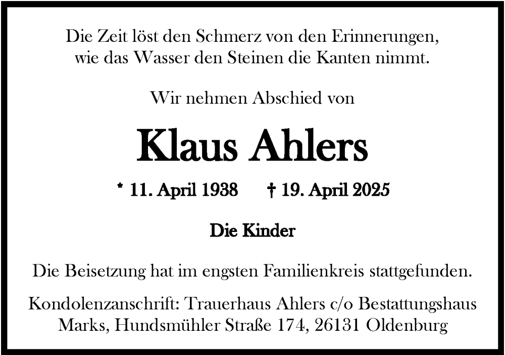  Traueranzeige für Klaus Ahlers vom 17.05.2025 aus Nordwest-Zeitung
