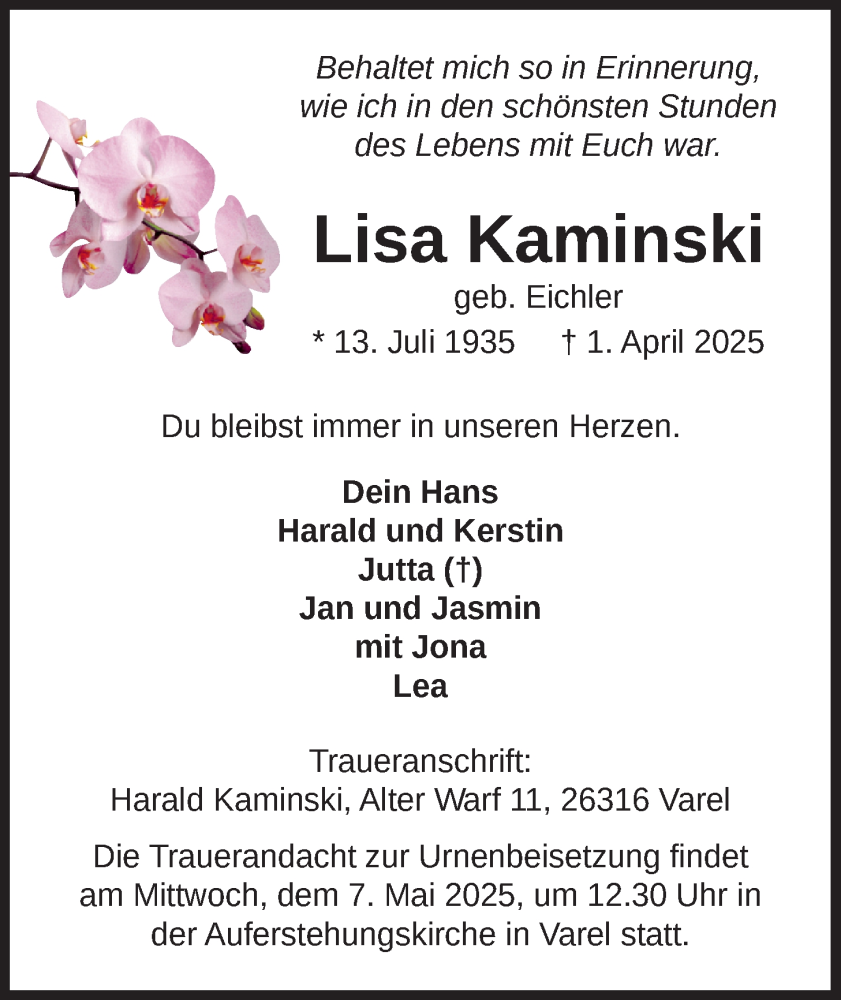  Traueranzeige für Lisa Kaminski vom 02.05.2025 aus Nordwest-Zeitung