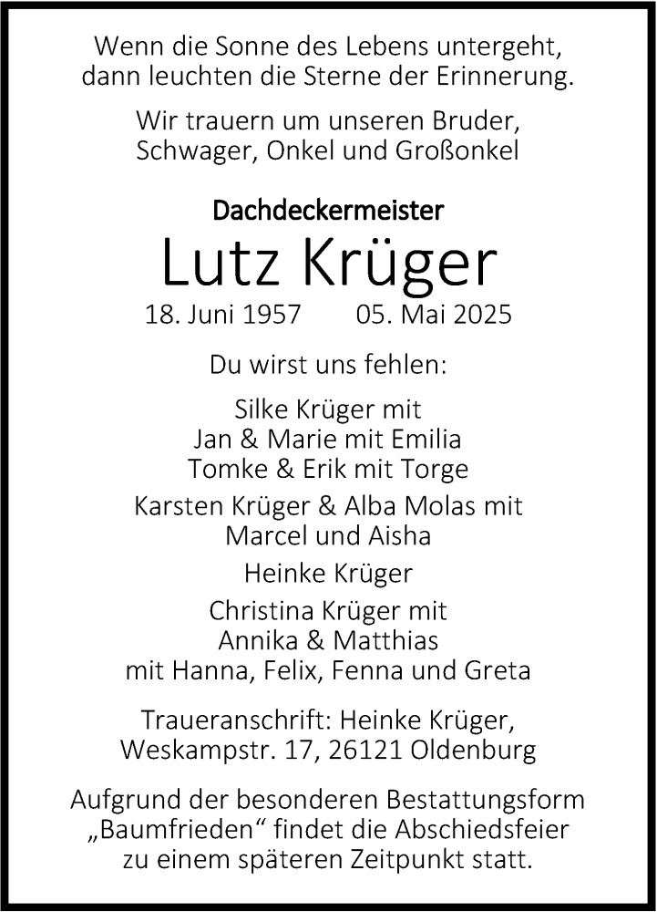  Traueranzeige für Lutz Krüger vom 17.05.2025 aus Nordwest-Zeitung