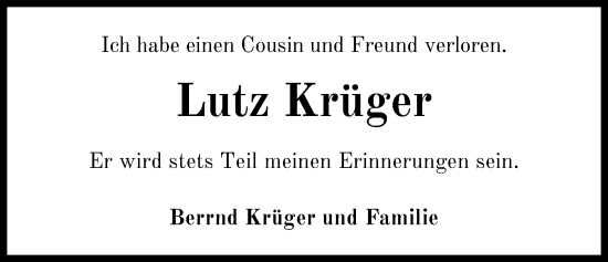 Traueranzeige von Lutz Krüger von Nordwest-Zeitung