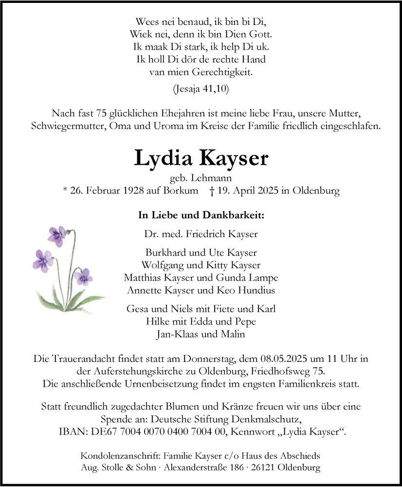  Traueranzeige für Lydia Kayser vom 03.05.2025 aus Nordwest-Zeitung
