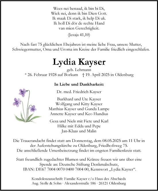 Traueranzeige von Lydia Kayser von Nordwest-Zeitung