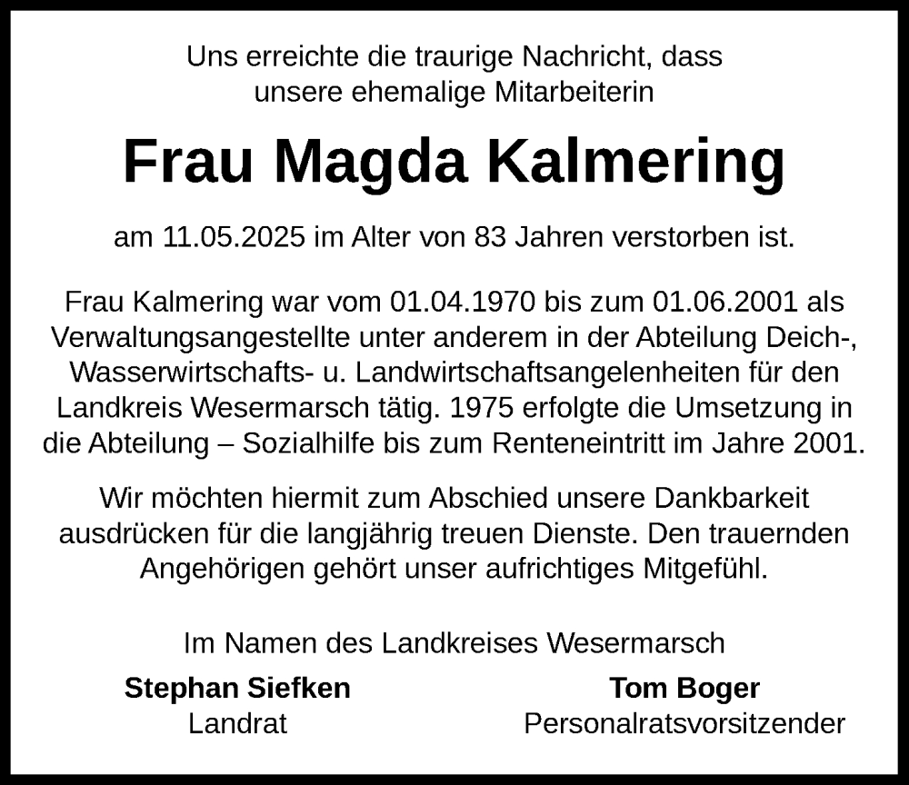  Traueranzeige für Magda Kalmering vom 17.05.2025 aus Nordwest-Zeitung
