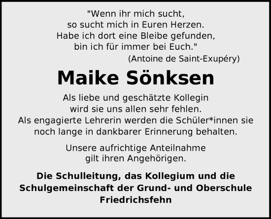 Traueranzeige von Maike Sönksen von Nordwest-Zeitung
