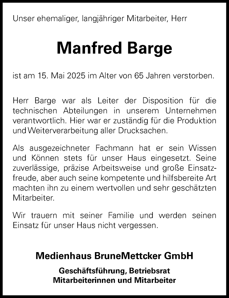  Traueranzeige für Manfred Barge vom 31.05.2025 aus WZ/JW/AH