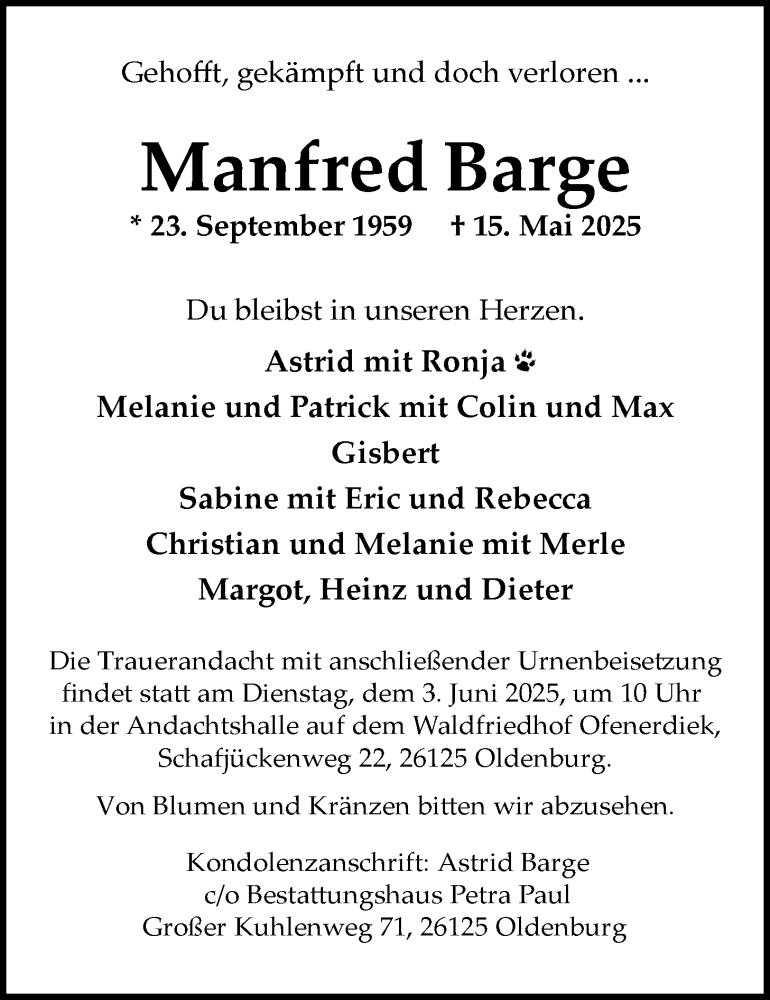  Traueranzeige für Manfred Barge vom 24.05.2025 aus Nordwest-Zeitung