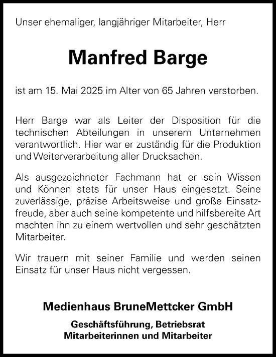 Traueranzeige von Manfred Barge von WZ/JW/AH