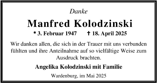 Traueranzeige von Manfred Kolodzinski von Nordwest-Zeitung
