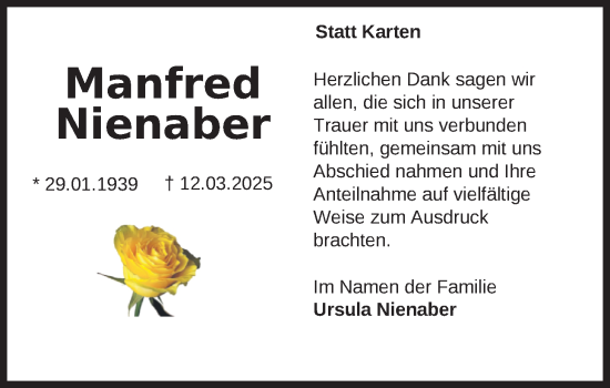 Traueranzeige von Manfred Nienaber von Nordwest-Zeitung