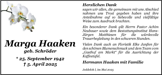 Traueranzeige von Marga Haaken von Nordwest-Zeitung