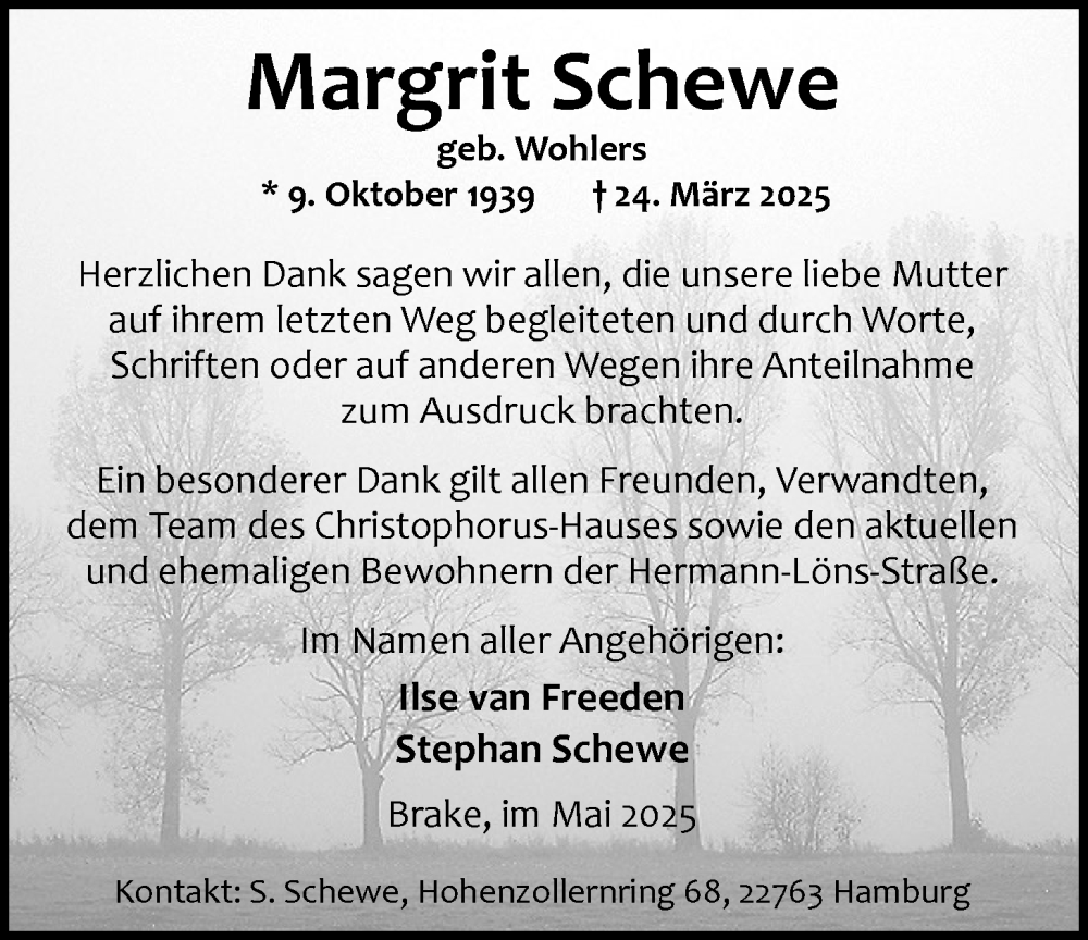  Traueranzeige für Margrit Schewe vom 17.05.2025 aus Nordwest-Zeitung