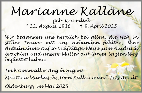 Traueranzeige von Marianne Kalläne von Nordwest-Zeitung