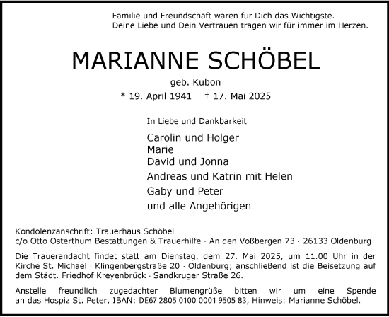 Traueranzeige von Marianne Schöbel von Nordwest-Zeitung