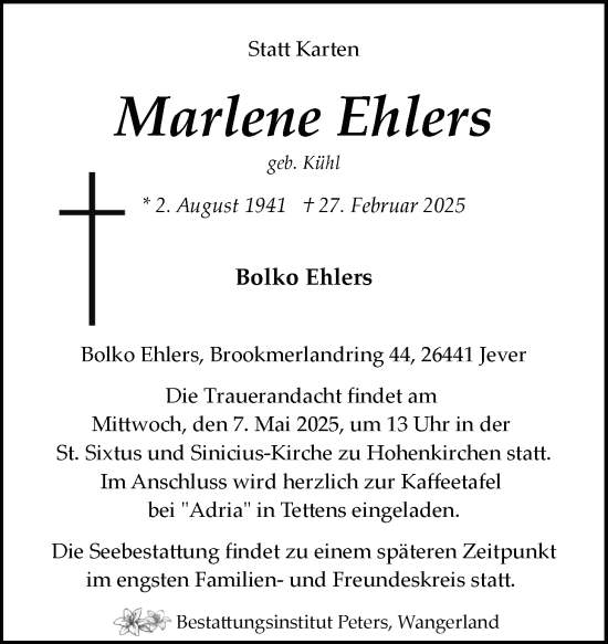 Traueranzeige von Marlene Ehlers von WZ/JW/AH
