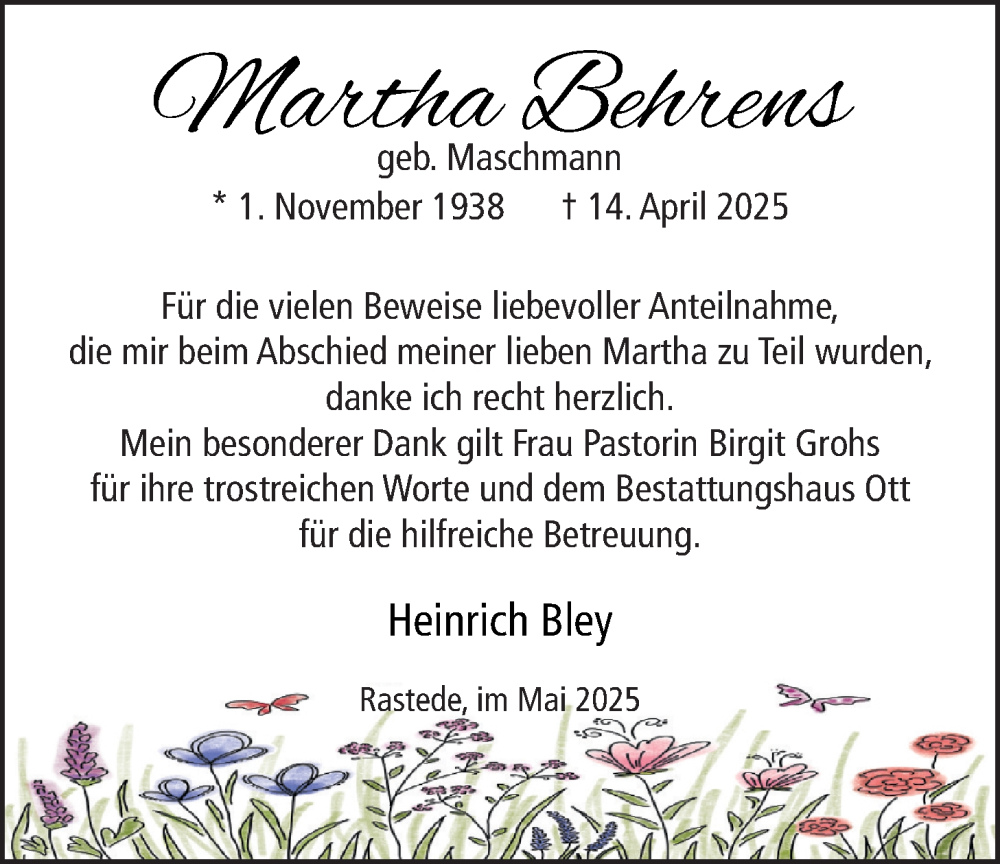  Traueranzeige für Martha Behrens vom 17.05.2025 aus Nordwest-Zeitung