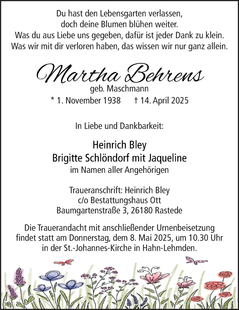  Traueranzeige für Martha Behrens vom 02.05.2025 aus Nordwest-Zeitung