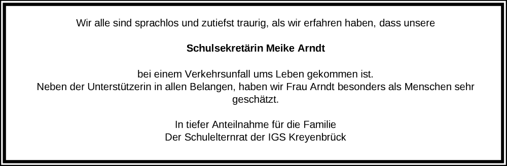  Traueranzeige für Meike Arndt vom 10.05.2025 aus Nordwest-Zeitung