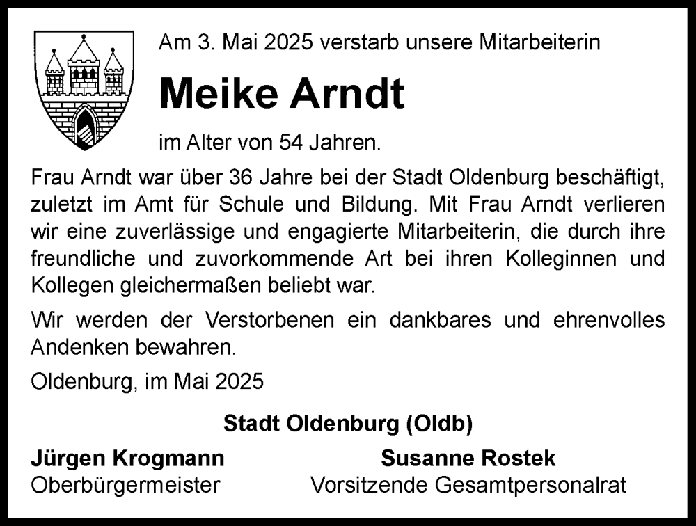  Traueranzeige für Meike Arndt vom 10.05.2025 aus Nordwest-Zeitung