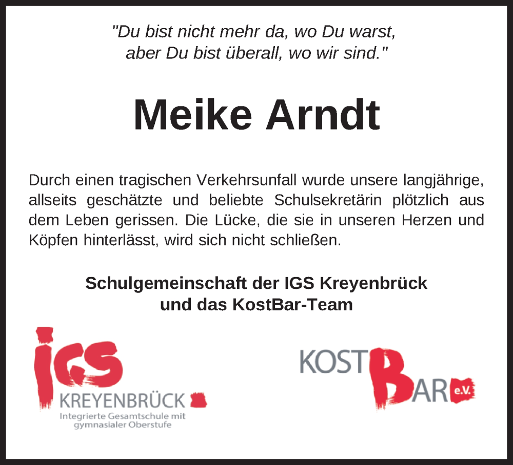  Traueranzeige für Meike Arndt vom 10.05.2025 aus Nordwest-Zeitung
