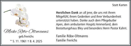 Traueranzeige von Meike Röbe-Oltmanns von Nordwest-Zeitung
