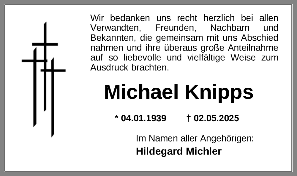  Traueranzeige für Michael Knipps vom 24.05.2025 aus Nordwest-Zeitung