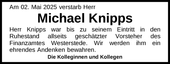 Traueranzeige von Michael Knipps von Nordwest-Zeitung