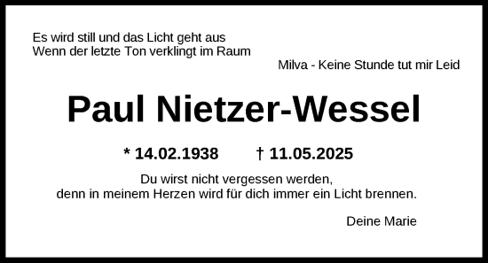 Traueranzeige von Paul Nietzer-Wessel von Nordwest-Zeitung