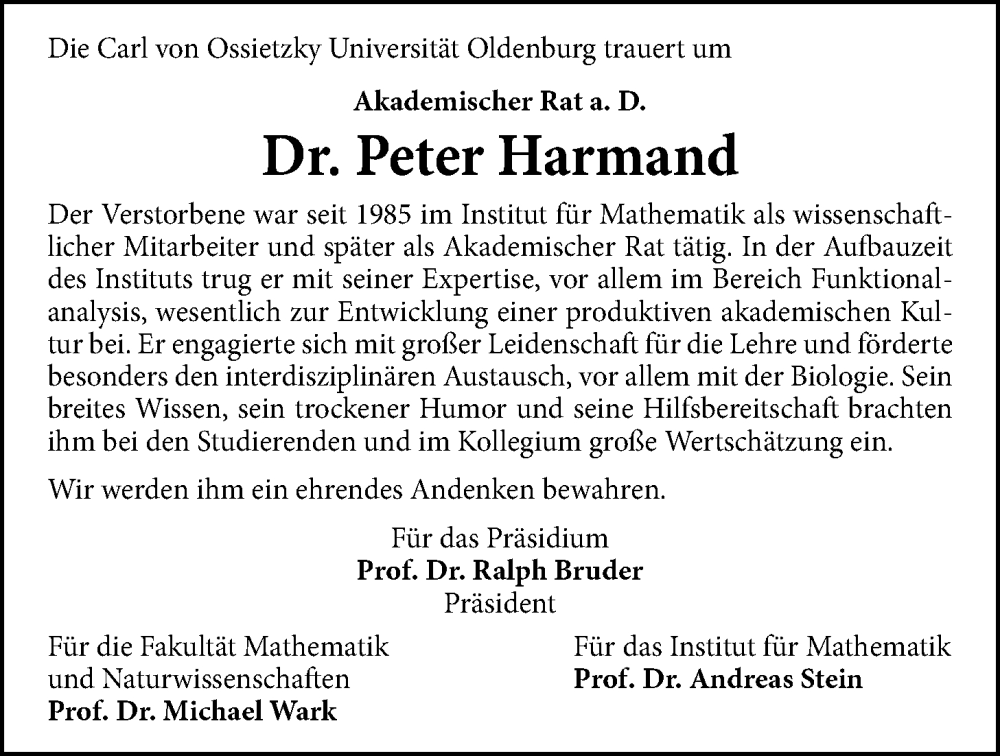  Traueranzeige für Peter Harmand vom 16.05.2025 aus Nordwest-Zeitung