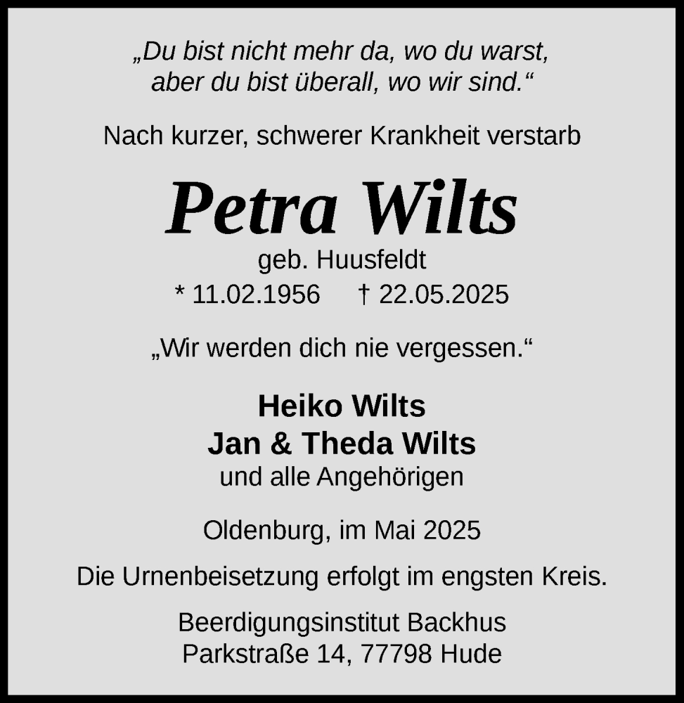  Traueranzeige für Petra Wilts vom 31.05.2025 aus Nordwest-Zeitung