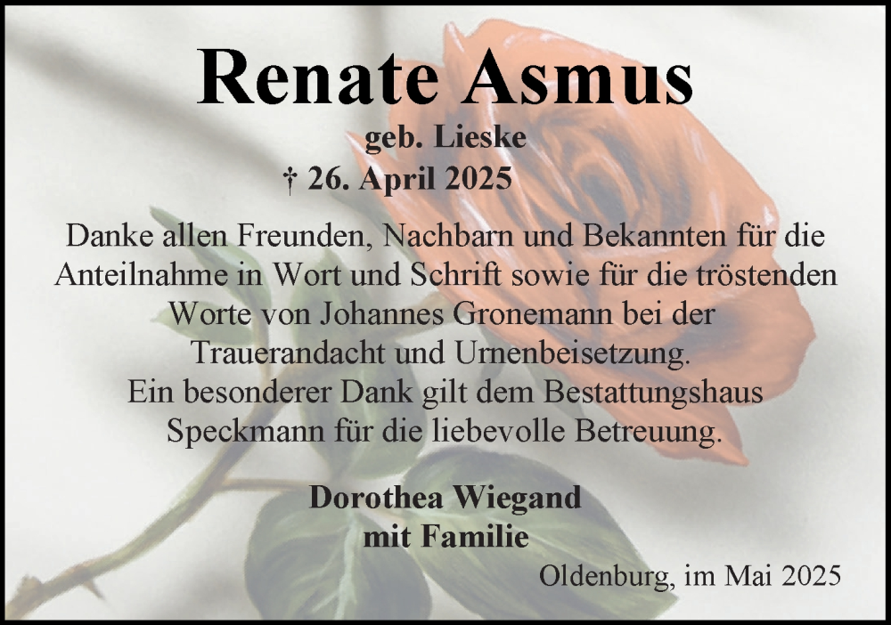  Traueranzeige für Renate Asmus vom 24.05.2025 aus Nordwest-Zeitung