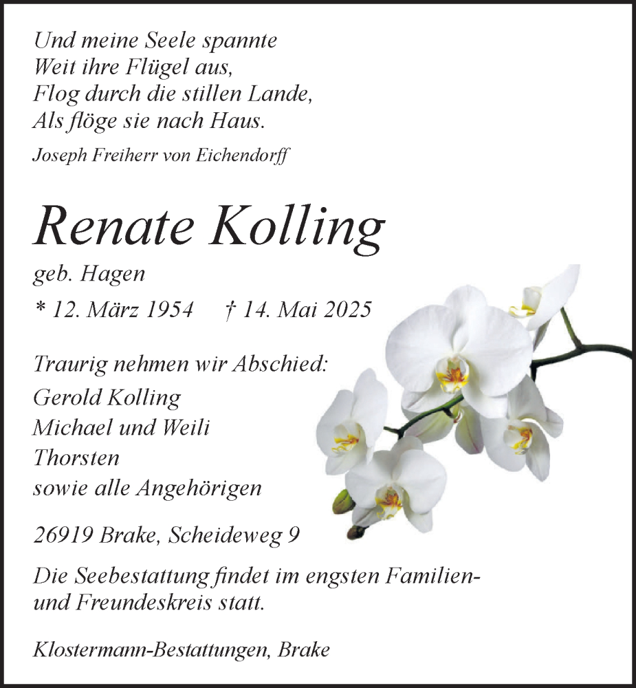  Traueranzeige für Renate Kolling vom 17.05.2025 aus Nordwest-Zeitung