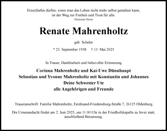 Traueranzeige von Renate Mahrenholtz von WZ/JW/AH