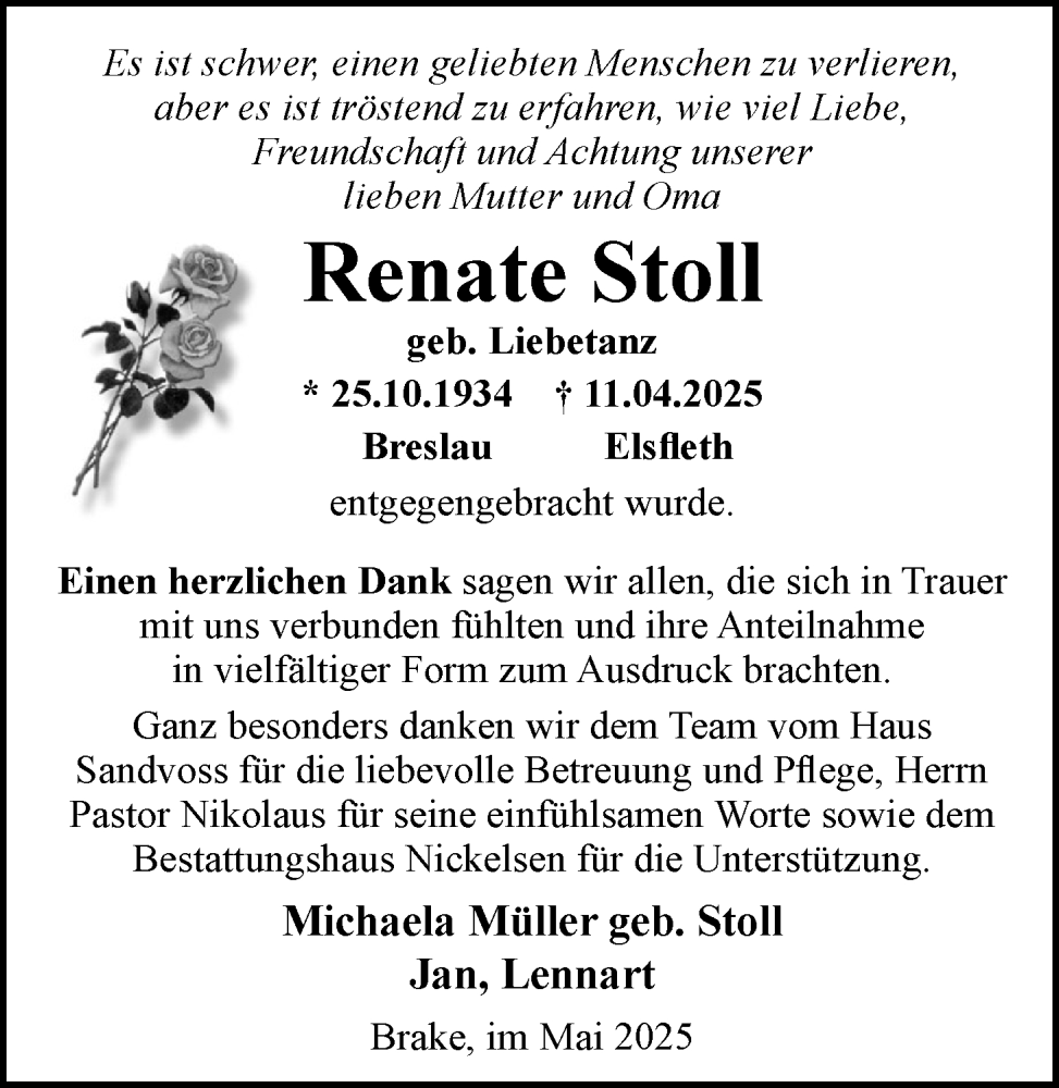  Traueranzeige für Renate Stoll vom 10.05.2025 aus Nordwest-Zeitung