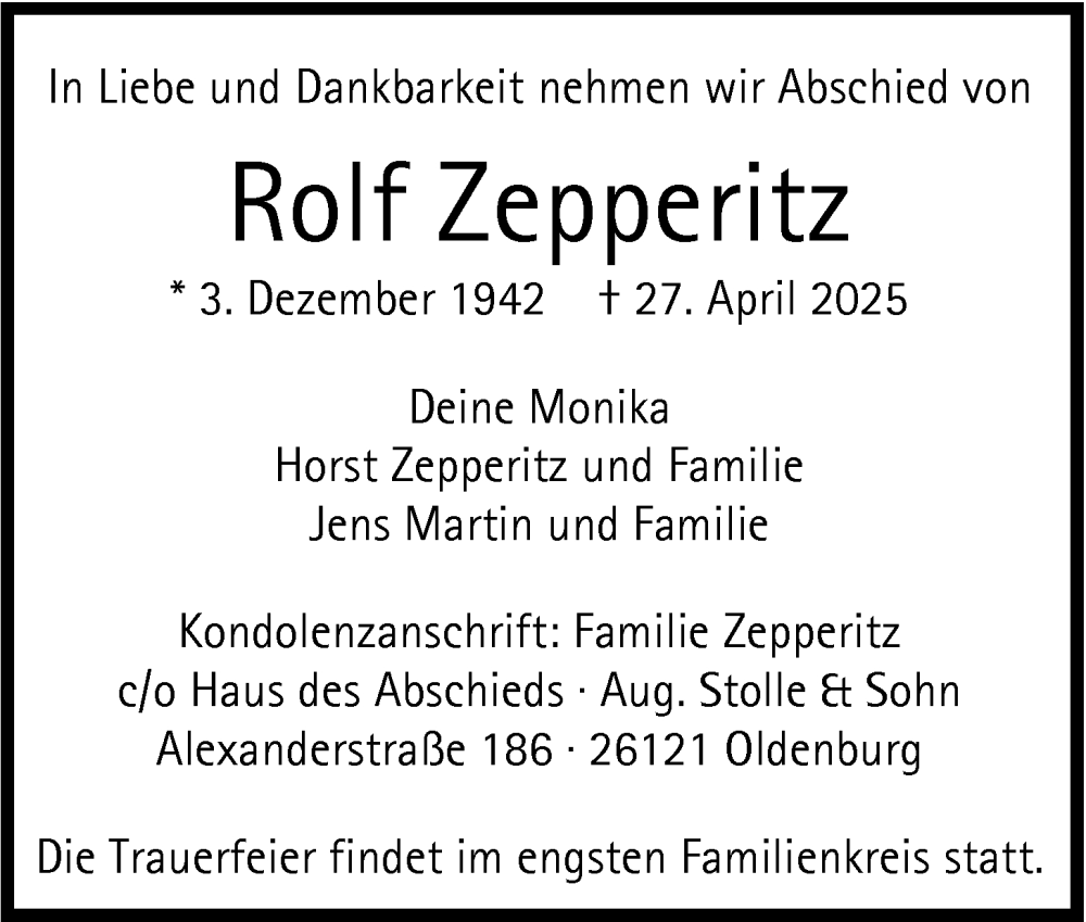  Traueranzeige für Rolf Zepperitz vom 03.05.2025 aus Nordwest-Zeitung