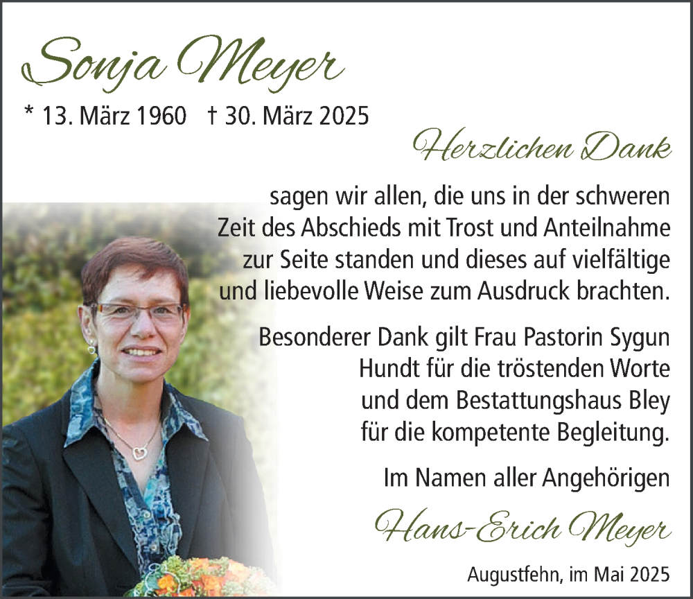  Traueranzeige für Sonja Heyer vom 10.05.2025 aus Nordwest-Zeitung